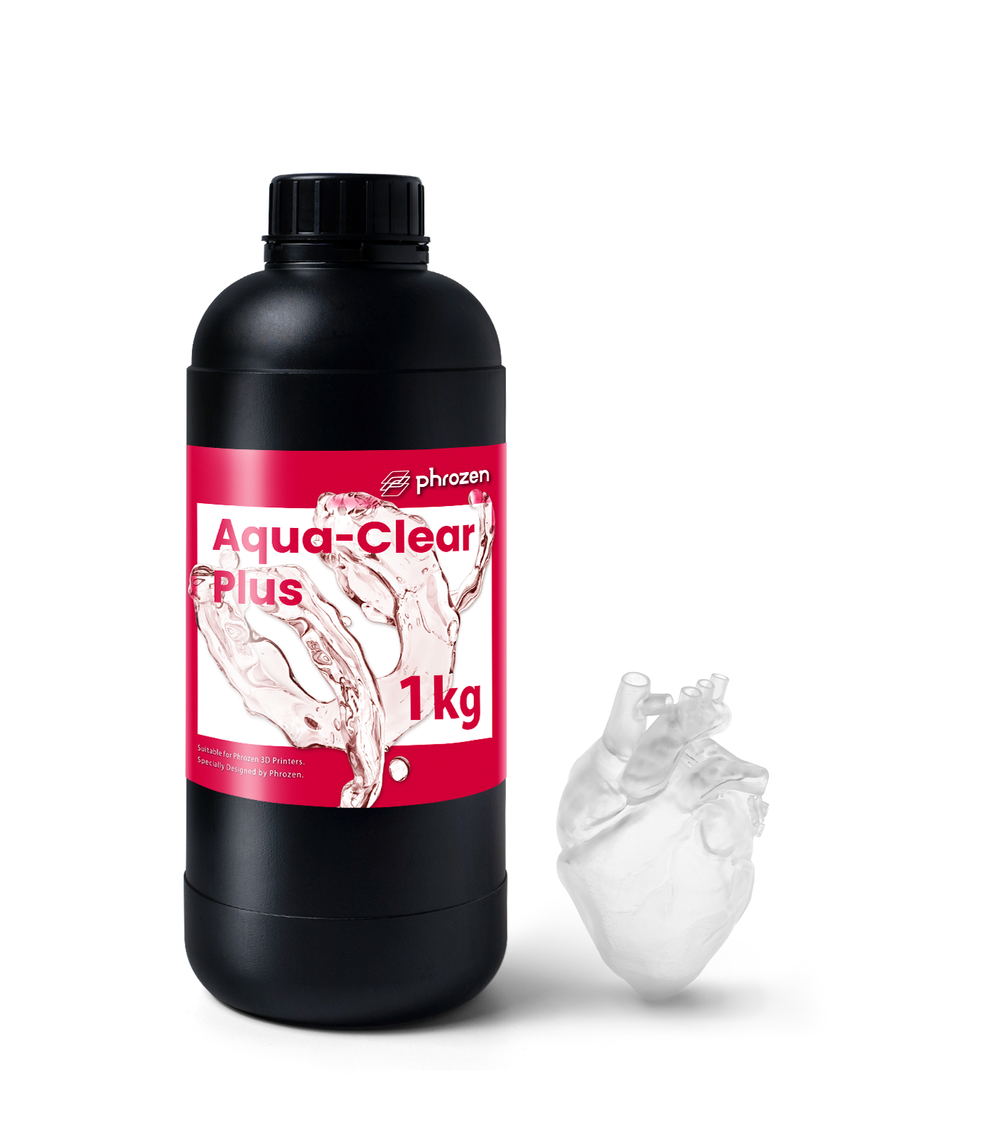 Phrozen Aqua-Clear Plus 1kg resin bottle next to a translucent anatomical heart print.